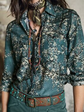 Peruvian Connection Kyoto Blossom Shirt Teal Cotton Silk Floral Boho Button Up M